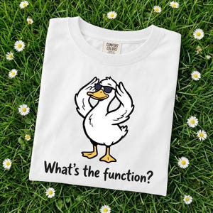 May include: White t-shirt with a cartoon duck wearing sunglasses and the phrase "What's the function?" printed in black. The shirt is made by Comfort Colors and is displayed on a bed of green grass with small white flowers.