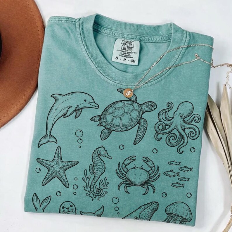 Sea Animals 90s Vintage Style PNG, Ocean Animals, Marine Life , Y2k Ocean, Dolphin Png Shirt, Sealife Digital Download image 3