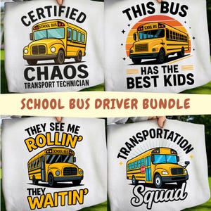 Skolbusschaufför PNG-paket, roliga busschaufförs-tröjor, transportstyrka PNG, skolpersonalhumor, digital nedladdning för skolstart