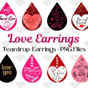 Teardrop oorbellen PNG Bundel, Love you Oorbellen Sublimatie, Roze en Rode Harten Oorbel Ontwerpen, Xoxo Oorbellen Sjabloon, Digitaal Bestand