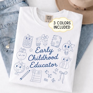 Early Childhood Educator PNG design featuring elegant script typography surrounded by adorable classroom doodles. Includes a calculator, rainbow pencil, notebook, apple, globe, report card, math symbols, bows, stars, and school supplies in a cute coquette style. Perfect for preschool teachers, kindergarten educators, daycare providers, homeschool instructors, teacher appreciation gifts, classroom apparel, and back-to-school projects. High-quality digital PNG file ideal for sublimation, DTF