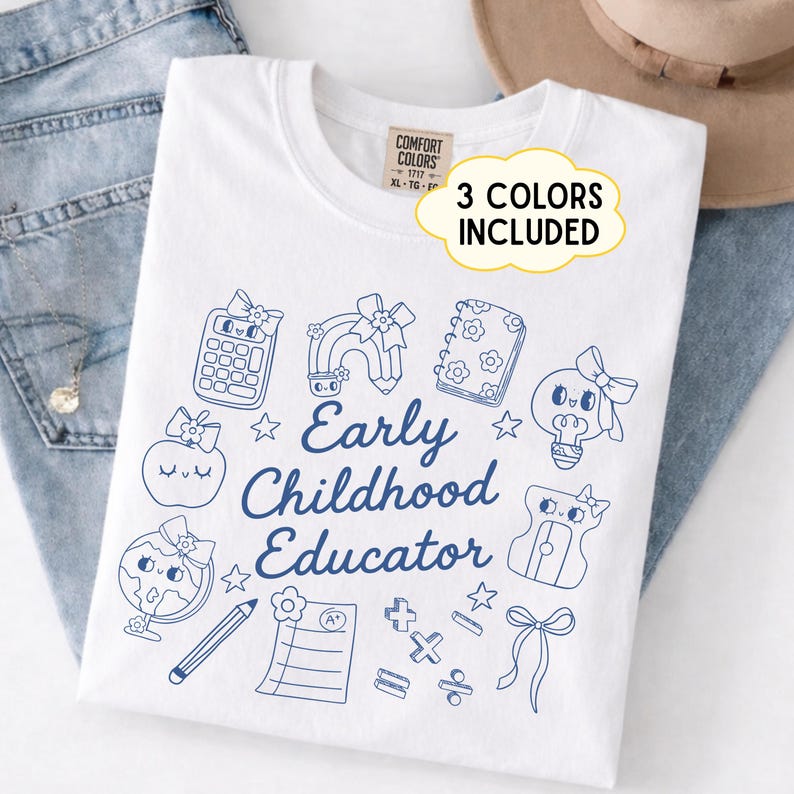 Early Childhood Educator PNG design featuring elegant script typography surrounded by adorable classroom doodles. Includes a calculator, rainbow pencil, notebook, apple, globe, report card, math symbols, bows, stars, and school supplies in a cute coquette style. Perfect for preschool teachers, kindergarten educators, daycare providers, homeschool instructors, teacher appreciation gifts, classroom apparel, and back-to-school projects. High-quality digital PNG file ideal for sublimation, DTF
