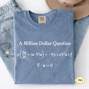 Puede incluir: Una camiseta azul de manga corta con el texto blanco A Million Dollar Question y las ecuaciones de Navier-Stokes impresas en el frente. La camiseta tiene una etiqueta de la marca Comfort Colors en el cuello interior y cuello redondo.