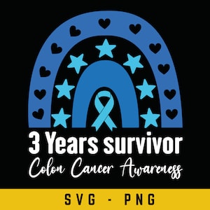 Sensibilisation au cancer du côlon Svg, survivant de 3 ans, cadeau de soutien pour le cancer du côlon, nous portons du bleu png, ruban bleu Svg, téléchargement numérique