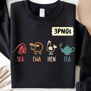 以下が含まれることがあります： 波、羊、鶏、ティーポットのカラフルなグラフィックが描かれた黒いスウェットシャツ。下には「SEA」、「EWA」、「HEN」、「TEA」の文字。テキスト「3PNGs」は黄色の長方形の中にあります。