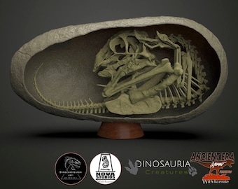 May include: A 3D printed model of a dinosaur embryo inside a fossilized egg. The model is on a wooden base and is labeled "DINOSAURIA Creatures" and "ANCIENT ERA" with a logo for "NOVA STUDIOS" and "Dinocommission".