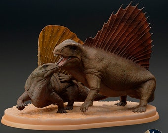Miniatura da dipingere di Dimetrodon che combatte contro Edaphosaurus - Replica realistica della fauna del Permiano in miniature di dinosauri