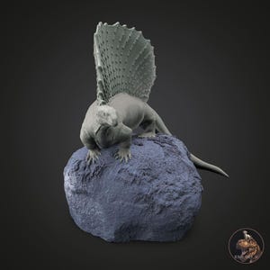 May include: A grey Dimetrodon model, a prehistoric reptile, posed on a textured, blue-grey rock. The model features a large, fan-like sail on its back. The sculpture is set against a dark background. The model is a detailed representation.