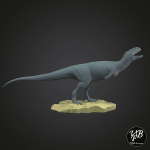 May include: A grey dinosaur model with an open mouth, standing on a small, tan-coloured base. The dinosaur has a long tail and is posed in a dynamic stance. The background is a solid dark grey.