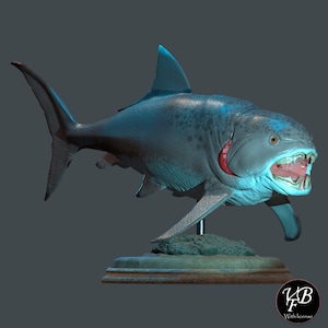 May include: A detailed model of a prehistoric Megalodon shark with a large open mouth, showing rows of sharp teeth. The model is painted in shades of blue and grey with red accents. It is mounted on a wooden base with a rock-like platform.