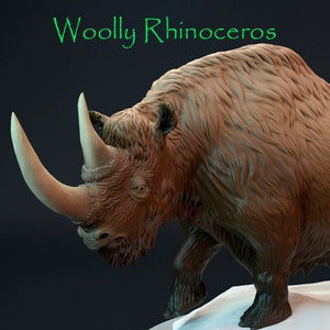 May include: A close-up of a woolly rhinoceros sculpture. The sculpture is made of a brown material and has a realistic texture. The rhinoceros has a large horn and is standing on a snowy surface.