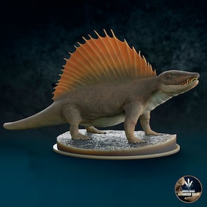 Puede incluir: Un modelo detallado de un Dimetrodon, un animal prehistórico con una gran vela en la espalda. El modelo es marrón y naranja con una superficie texturizada. Está posado sobre una base circular.