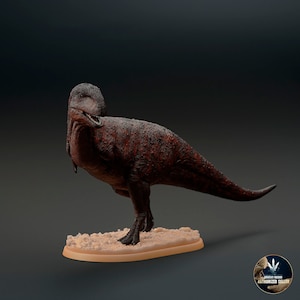 May include: A detailed, red-brown dinosaur figurine with a textured surface. The dinosaur is standing on a small, oval-shaped base.