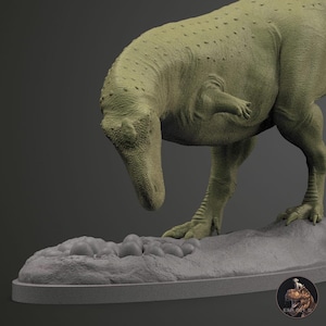 May include: A detailed, green-toned sculpture of a Tyrannosaurus Rex, head lowered, with a nest of eggs at its feet. The dinosaur's textured skin and muscular form are clearly defined, showcasing a prehistoric theme.