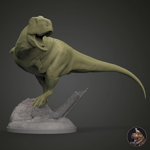 May include: A light green Tyrannosaurus Rex sculpture, posed dynamically on a rocky base. The dinosaur's detailed skin texture and open mouth reveal sharp teeth. The sculpture is set against a dark grey background, highlighting the prehistoric creature.