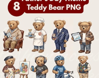 Klasyczny zestaw grafik w formacie PNG z misiem pluszowym | Clipart z okazji Dnia Ojca z motywem misia w stylu vintage | Luksusowy, ręcznie malowany, akwarelowy miś inspirowany prawdziwym życiem