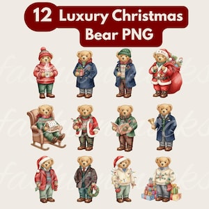 Puede incluir: Doce ilustraciones de acuarela de osos navideños con varios atuendos festivos. Los osos visten suéteres, abrigos y trajes de Papá Noel, sosteniendo regalos, libros y campanas. El texto en la parte superior dice "12 Luxury Christmas Bear PNG."