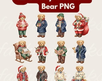 Luxe erfgoed teddybeer kerstclipart • RL-geïnspireerde handgeschilderde beer, png-bundel