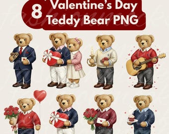 Valentinstag Teddybär Art • RL-Inpirierte Luxus Clipart, Set Handgemalte Vintage PNG Pack • Geschenk zum Valentinstag