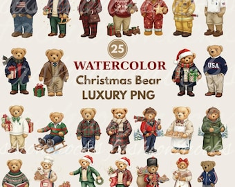 Heritage teddybeer kerst PNG-clipart, 25 luxe RL geïnspireerde aquarelbundel geschilderde beer