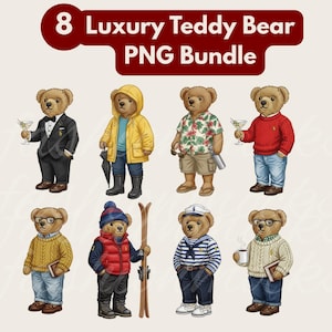 以下が含まれることがあります： 様々な衣装を着た8匹のテディベアのイラスト画像。タキシード、レインコート、アロハシャツ、セーター、セーラー服を着ています。画像には「8 Luxury Teddy Bear PNG Bundle」というテキストが含まれています。