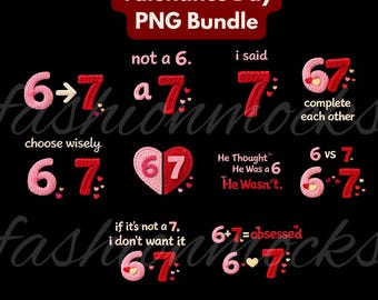 Six Seven 6 7 Valentijnsdag png-bundel, borduurstijl nepgaren Valentijnsdag, meme vriendje vriendin
