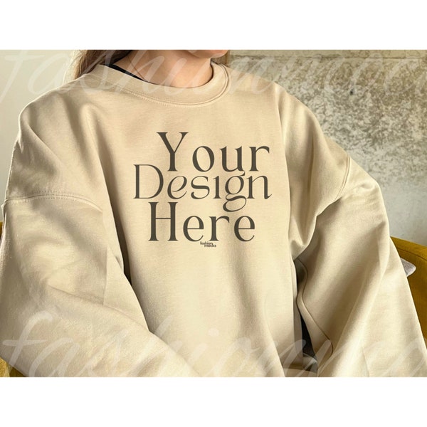 Gildan 18000 Sand Sweatshirt Mockup, Gildan Sand Oversized Crewneck Mockup, G18000 Sweatshirt Aesthetic Mockup, Gildan 18000 Beige Mockup