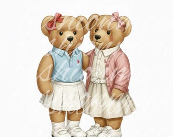 Heritage klassieke teddybeervrienden PNG-clipart, beste vrienden geschilderde beer aquarelbundel (digitaal bestand)