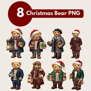 Puede incluir: Ocho imágenes PNG de Osos Navideños. Cada oso viste atuendos festivos, incluyendo gorros de Papá Noel, bufandas y abrigos. Algunos osos sostienen regalos, linternas u otros objetos temáticos de las fiestas. Los osos tienen un estilo de dibujos animados.