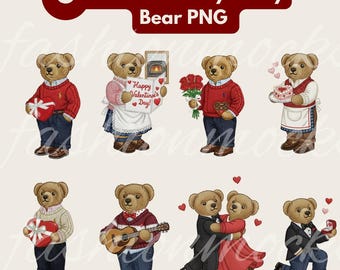 Valentijnsdag teddybeer PNG-bundel – modeborduurontwerpen - luxe Valentijnsteddybeer - op RL geïnspireerd digitaal bestand