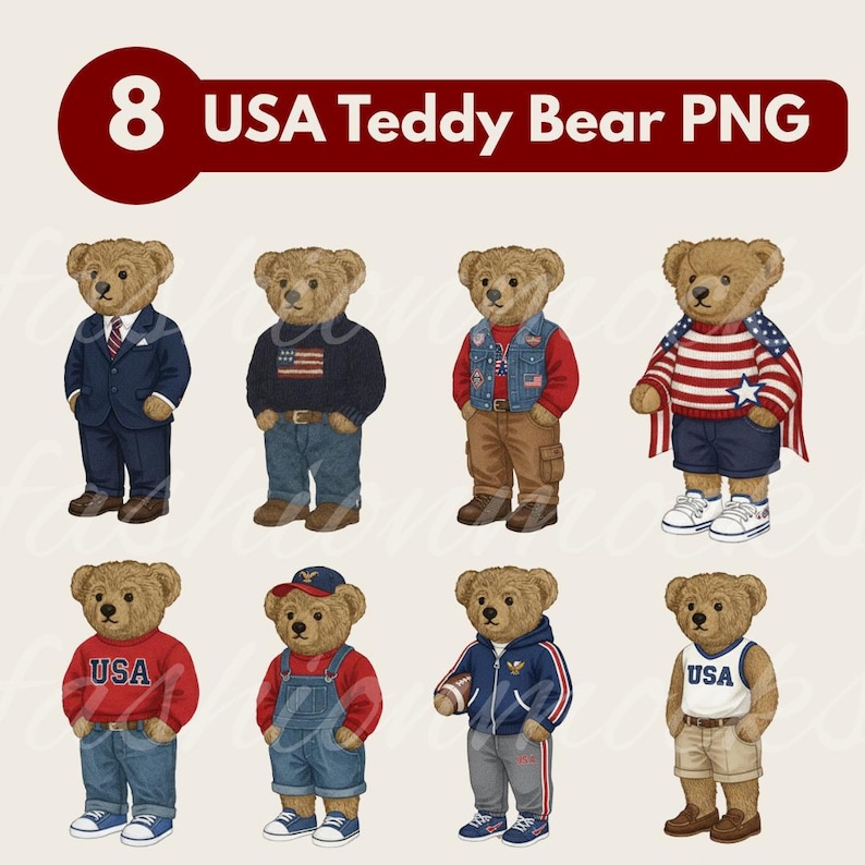 Op de afbeelding: Illustratie met acht teddyberen, elk gekleed in verschillende outfits met een Amerikaans patriottisch thema. De beren dragen pakken, truien met de Amerikaanse vlag, denim en een voetbaluniform. De tekst "8 USA Teddy Bear PNG" staat bovenaan.