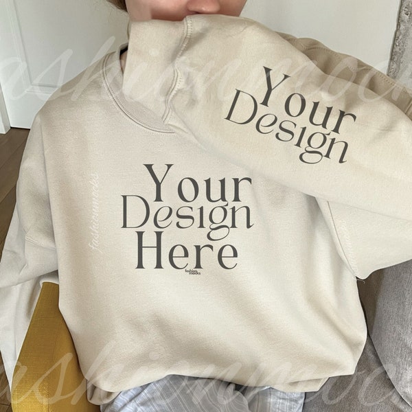 Gildan 18000 Sand Sweatshirt Mockup Gildan Sand Sleeve Oversized Crewneck Mockup, Gildan Sweatshirt Sleeve Mockup Gildan Beige Sleeve Mockup