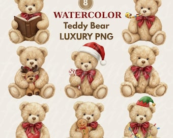 8 aquarel teddybeer clipartbundel, klassieke beer png, afdrukbare afbeeldingen (digitale download)