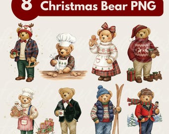 Vintage erfgoed teddybeer kerstclipart • Luxe handgeschilderde berenbundel • Feestdag-png-set