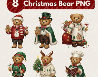 Luxe erfgoed teddybeer kerstclipart – handgeschilderde klassieke beer png-bundel - luxe RL geïnspireerd