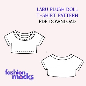 May include: White t-shirt pattern with short sleeves, featuring a round neckline and a cropped design. The text "LABU PLUSH DOLL T-SHIRT PATTERN PDF DOWNLOAD" is displayed in purple. The Fashion Mocks Studio logo is in the lower left corner.