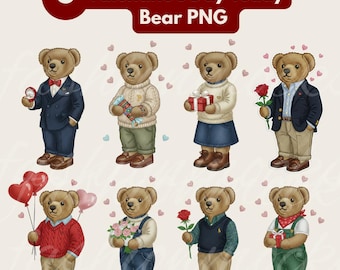Premium Valentine-teddybeer PNG-set – Valentijnsdag modeborduurbestand - RL-geïnspireerde digitale kunst