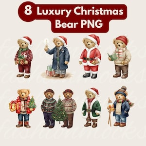 May include: Watercolor illustrations of eight teddy bears dressed for Christmas. Each bear is wearing festive outfits, including Santa suits, sweaters, and scarves. The image includes the text "8 Luxury Christmas Bear PNG".