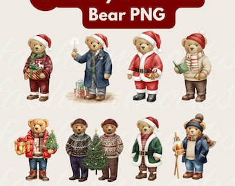 Luxe erfgoed teddybeer kerstclipart • RL-geïnspireerde handgeschilderde beer, png-bundel