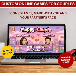 Puede incluir: Una computadora portátil muestra el juego "Flappy Couple", diseñado para parejas, con el texto "Juegos icónicos, hechos contigo y la cara de tu pareja." El juego presenta dos perfiles de jugadores, Emma y Jake, con una puntuación de 69 puntos de amor y un combo de besos de x3. Una pegatina amarilla dice "Entrega en 48 horas."