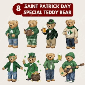 May include: Eight Saint Patrick's Day special teddy bear illustrations. Each bear is dressed in green attire, holding items like a beer, a book, a guitar, and a pot of gold. The bears are in various poses, celebrating the holiday.