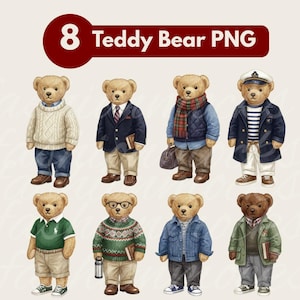 Puede incluir: Ocho imágenes PNG de osos de peluche. Cada oso está vestido con diferentes atuendos, incluyendo un suéter, un blazer y una chaqueta vaquera. Los osos tienen un estilo clásico y preppy. El texto "8 Teddy Bear PNG" está en una pancarta roja en la parte superior.