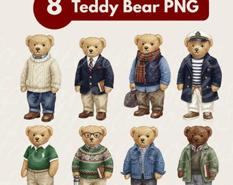 Klassieke teddybeerkunst • Op RL's geïnspireerde luxe clipart, set handgeschilderd vintage png-bestand