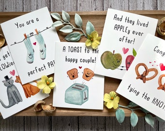 Wedding Pun Greeting Cards Watercolor Illustrations (Individual or 5 pack), Cute, Funny, Engagement cards, Newlywed cards