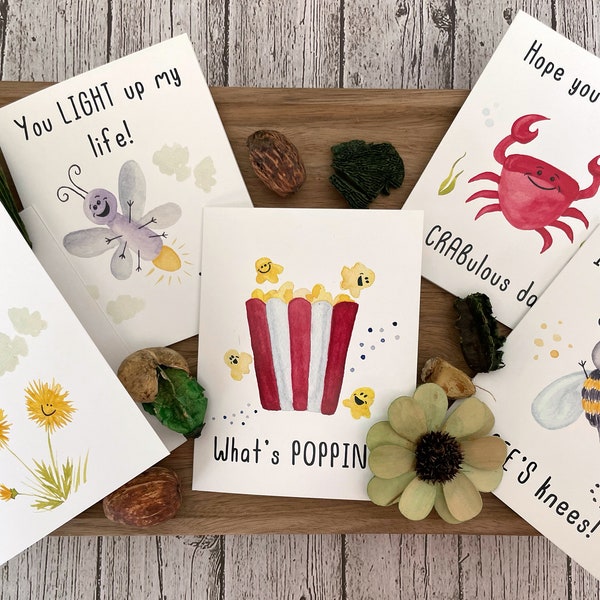 Build Your Own 5-Pack: Pun Greeting Cards Watercolor Illustrations, Birthday, Thank You, Valentine's, Funny