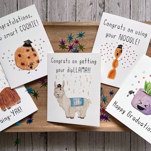 Graduation Pun Greeting Cards Watercolor Illustrations (Individual or 5 pack), Cute, Funny