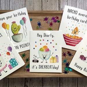 Birthday Pun Watercolor Greeting Cards (Individual or 5 pack), Funny, Blank Inside