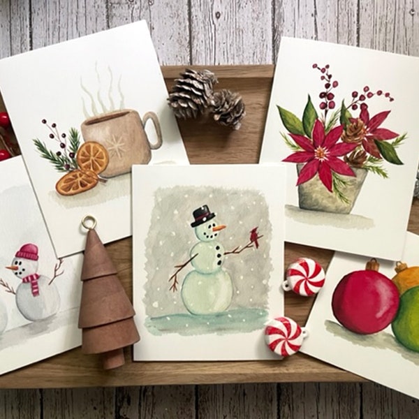 Christmas Watercolor Greeting Cards (Individual or 5 pack), Blank Inside, Notecards, postcards, Xmas, Holiday, Snowmen, Winter