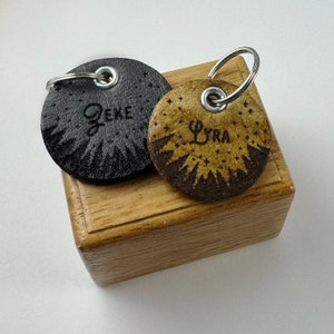 Handmade Leather Tag | Forest Sky | Leather Dog ID Tag, Quiet Dog ID, Silent Tag, Dog Tag, Dog, Cat ID, Small Dog Tag, Microchip