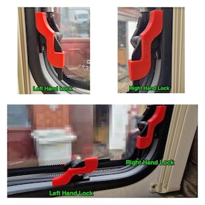 May include: Red window locks labeled "Left Hand Lock" and "Right Hand Lock" are shown in the image. The locks are installed on a window frame. The window frame is black and the locks are red.